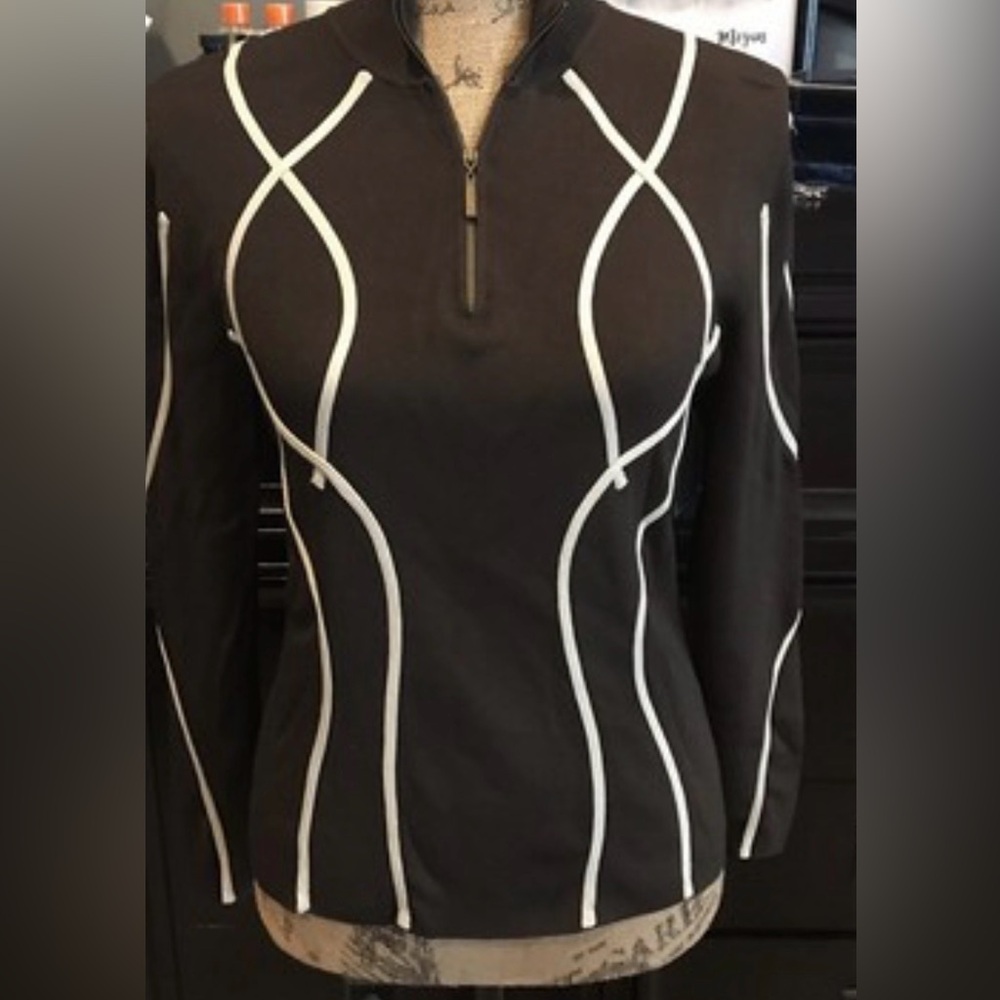 Andie Black Long-Sleeve Zip-Front Top with White Piping